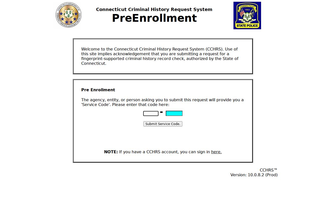 Waterbury arrest history CCHRS fingerprint pre-enrollment