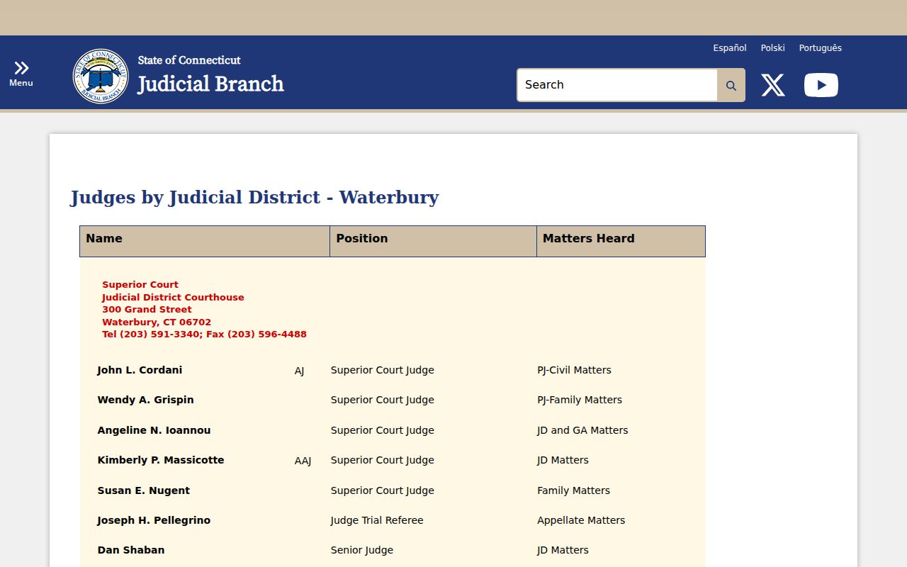 Waterbury criminal court records and judicial assignments