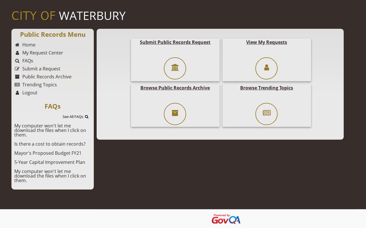 Waterbury criminal records GovQA request portal