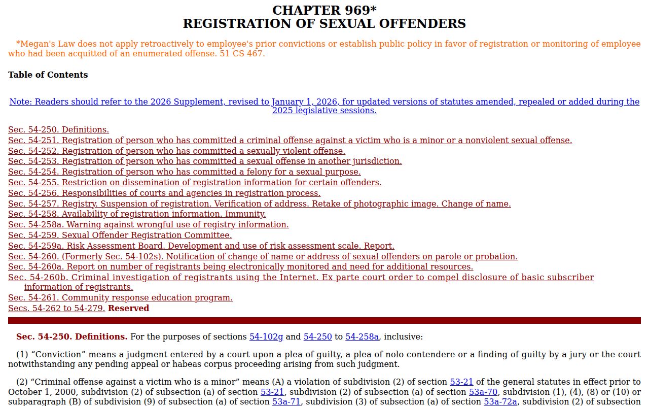 Waterbury sex offender check Connecticut Chapter 969 registration law